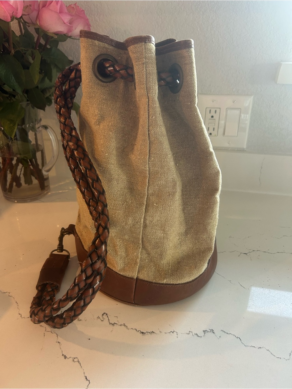 Ann Taylor Linen Bucket Bag with Braided Leather Strap - Flax - Picture 2 of 7